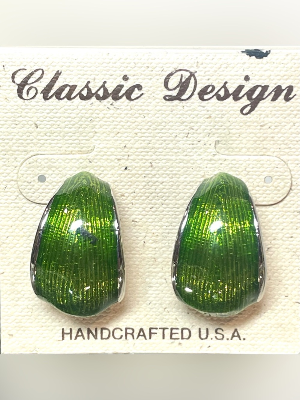 Classic Designs Vintage Green Enamel Silver Pierced Earrings | EUC